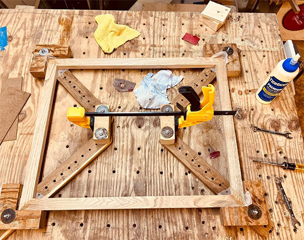 Frame under construction in the Finely Cut Firewood shop